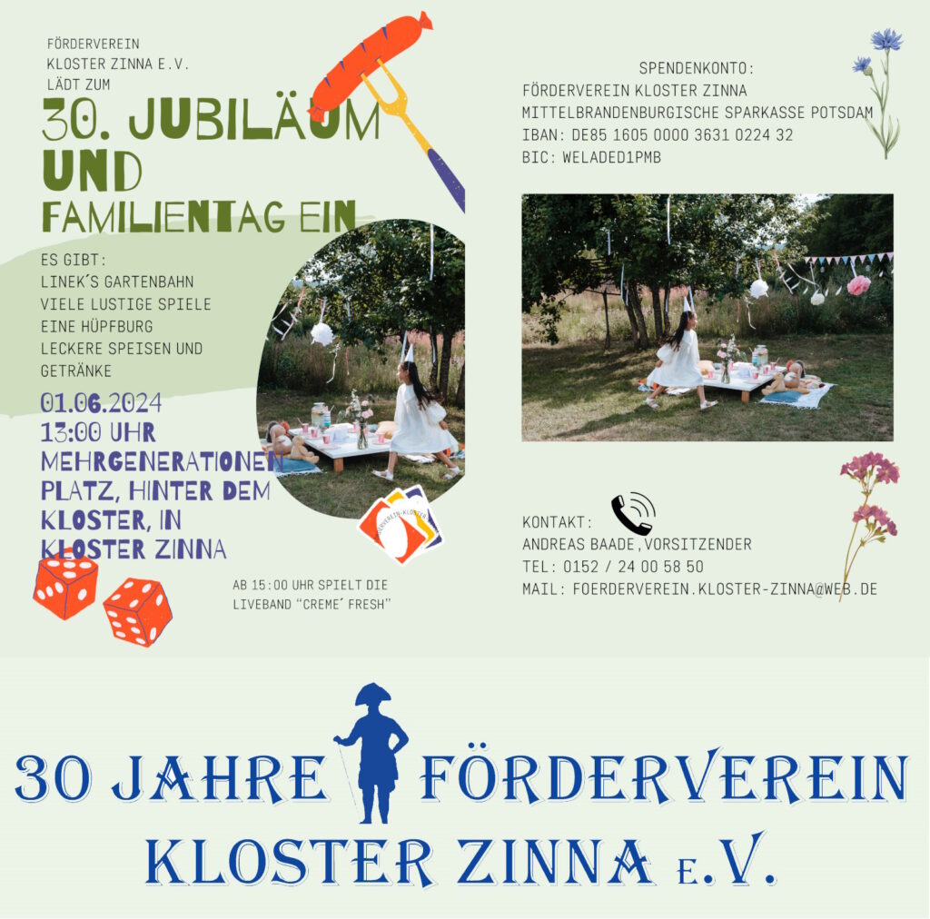 Flyer zum 30-jährigen Jubiläum des Fördervereins Kloster Zinna.