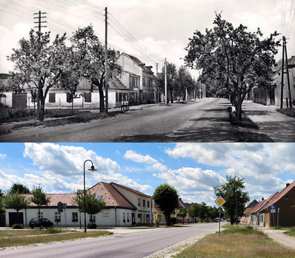 Das Foto zeigt den Blick aus der Ortsmitte Richtung Jüterbog. Oben eine historische Aufnahme, darunter die heutige Ansicht.