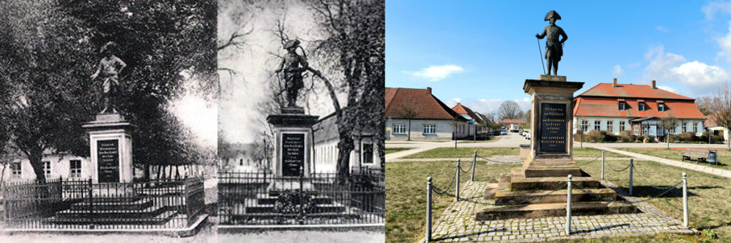 Das Denkmal zu Ehren Friedrich dem Großen. Links zu sehen um 1920 und rechts die aktuelle Ansicht.