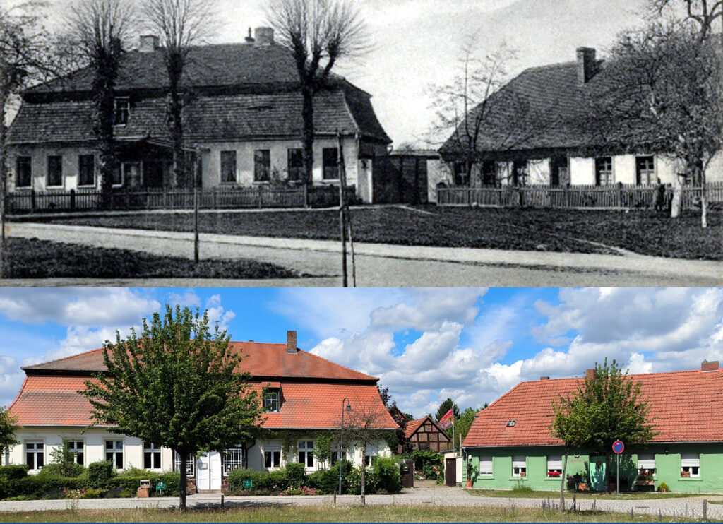 Foto mit der Oberförsterei und dem Jägerhaus in der historischen und der heutigen Ansicht.